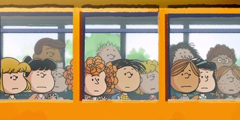 Movie still from “Snoopy Presents: Lucy's School” (2022), directed by Raymond S. Persi – A group of people looking out of a bus window; Extreme Close Up shot, High angle