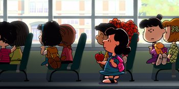 Movie still from “Snoopy Presents: Lucy's School” (2022), directed by Raymond S. Persi – A group of people sitting in a room; Extreme Wide shot, High angle