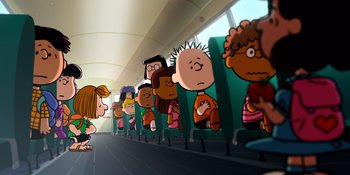 Movie still from “Snoopy Presents: Lucy's School” (2022), directed by Raymond S. Persi – A group of people sitting in a row on a train; Extreme Wide shot, High angle