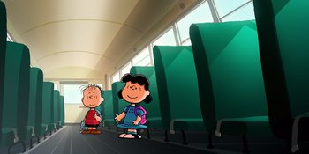 Movie still from “Snoopy Presents: Lucy's School” (2022), directed by Raymond S. Persi – A couple of people that are standing in a room; Extreme Wide shot, High angle
