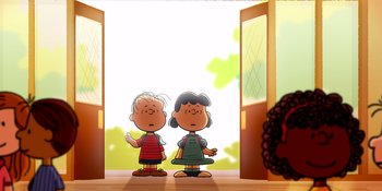 Movie still from “Snoopy Presents: Lucy's School” (2022), directed by Raymond S. Persi – A couple of people standing in front of a door; Extreme Wide shot, Over the shoulder angle