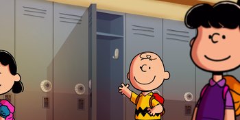 Movie still from “Snoopy Presents: Lucy's School” (2022), directed by Raymond S. Persi – A charlie brown character standing in front of lockers; Medium shot, Low angle