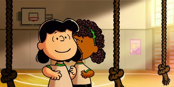 Movie still from “Snoopy Presents: Lucy's School” (2022), directed by Raymond S. Persi – A cartoon of two women standing next to each other; Close Up shot, Over the shoulder angle