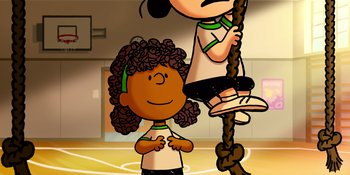 Movie still from “Snoopy Presents: Lucy's School” (2022), directed by Raymond S. Persi – A cartoon of a girl and a boy hanging from a rope; Medium shot, Low angle