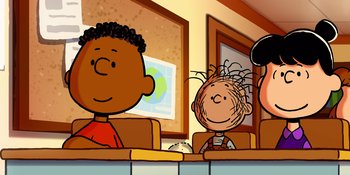 Movie still from “Snoopy Presents: Lucy's School” (2022), directed by Raymond S. Persi – A drawing of two people sitting at a table together; Medium shot, Over the shoulder angle