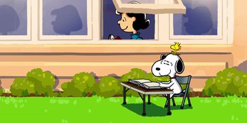 Movie still from “Snoopy Presents: Lucy's School” (2022), directed by Raymond S. Persi – A dog sitting at a table with a book in front of him; Extreme Wide shot, High angle