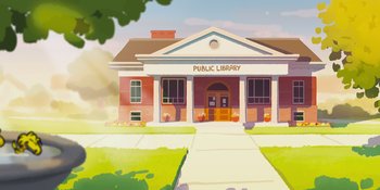 Movie still from “Snoopy Presents: One-of-a-Kind Marcie” (2023), directed by Raymond S. Persi – An illustration of a public library building with trees in the background; Extreme Wide shot, Low angle