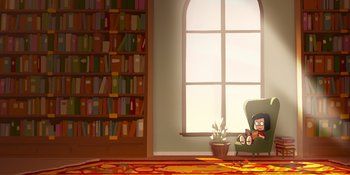 Movie still from “Snoopy Presents: One-of-a-Kind Marcie” (2023), directed by Raymond S. Persi – An illustration of a living room with bookshelves and a large window; Extreme Wide shot, High angle