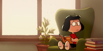Movie still from “Snoopy Presents: One-of-a-Kind Marcie” (2023), directed by Raymond S. Persi – A girl sitting on the floor reading a book; Extreme Wide shot, High angle