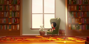Movie still from “Snoopy Presents: One-of-a-Kind Marcie” (2023), directed by Raymond S. Persi – A boy sitting in a chair in front of a large window; Extreme Wide shot, High angle