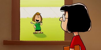 Movie still from “Snoopy Presents: One-of-a-Kind Marcie” (2023), directed by Raymond S. Persi – A cartoon of a girl holding a tennis racquet in front of a woman; Medium shot, Over the shoulder angle