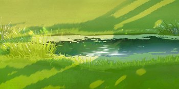 Movie still from “Snoopy Presents: One-of-a-Kind Marcie” (2023), directed by Raymond S. Persi – A painting of grass and a body of water; Extreme Wide shot, High angle