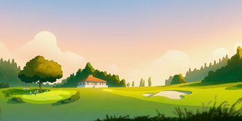 Movie still from “Snoopy Presents: One-of-a-Kind Marcie” (2023), directed by Raymond S. Persi – An illustration of a house in the middle of a green field; Extreme Wide shot, Low angle