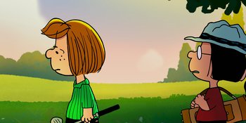 Movie still from “Snoopy Presents: One-of-a-Kind Marcie” (2023), directed by Raymond S. Persi – A cartoon of a girl holding a baseball bat in a field; Medium shot, Over the shoulder angle