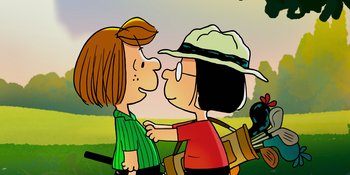 Movie still from “Snoopy Presents: One-of-a-Kind Marcie” (2023), directed by Raymond S. Persi – A couple of people standing next to each other on top of a field; Medium shot, Over the shoulder angle