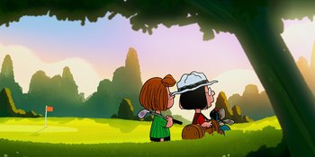 Movie still from “Snoopy Presents: One-of-a-Kind Marcie” (2023), directed by Raymond S. Persi – A couple of people standing next to each other on top of a field; Extreme Wide shot, Low angle