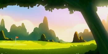 Movie still from “Snoopy Presents: One-of-a-Kind Marcie” (2023), directed by Raymond S. Persi – An artistic painting of a green field with trees in the background; Extreme Wide shot, Low angle