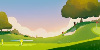 Movie still from “Snoopy Presents: One-of-a-Kind Marcie” (2023), directed by Raymond S. Persi – An illustration of a person playing golf on a golf course; Extreme Wide shot, Low angle