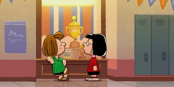 Movie still from “Snoopy Presents: One-of-a-Kind Marcie” (2023), directed by Raymond S. Persi – A couple of people standing next to each other in a room; Wide shot, Over the shoulder angle