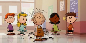 Movie still from “Snoopy Presents: One-of-a-Kind Marcie” (2023), directed by Raymond S. Persi – A group of children standing in front of a window; Wide shot, High angle