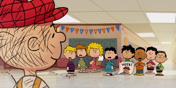 Movie still from “Snoopy Presents: One-of-a-Kind Marcie” (2023), directed by Raymond S. Persi – A group of people standing next to each other in a room; Extreme Wide shot, High angle