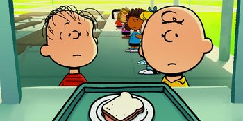 Movie still from “Snoopy Presents: One-of-a-Kind Marcie” (2023), directed by Raymond S. Persi – Charlie brown , linus , and the gang are waiting to eat a sandwich; Medium shot, Over the shoulder angle