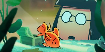 Movie still from “Snoopy Presents: One-of-a-Kind Marcie” (2023), directed by Raymond S. Persi – An orange fish is swimming in the water; Extreme Close Up shot, High angle