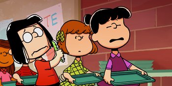 Movie still from “Snoopy Presents: One-of-a-Kind Marcie” (2023), directed by Raymond S. Persi – A group of people standing next to each other holding trays; Medium shot, High angle
