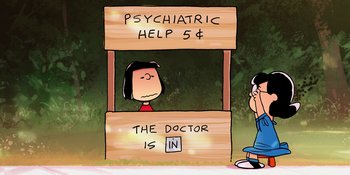 Movie still from “Snoopy Presents: One-of-a-Kind Marcie” (2023), directed by Raymond S. Persi – A cartoon of a woman in a booth with a psychiatriic help sign; Extreme Wide shot, High angle