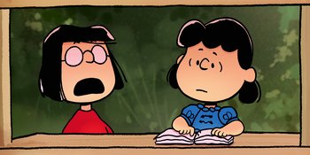 Movie still from “Snoopy Presents: One-of-a-Kind Marcie” (2023), directed by Raymond S. Persi – A drawing of a woman and a girl in front of a chalkboard; Medium shot, High angle