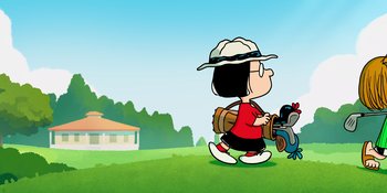 Movie still from “Snoopy Presents: One-of-a-Kind Marcie” (2023), directed by Raymond S. Persi – A cartoon picture of a girl with a baseball glove; Extreme Wide shot, Low angle