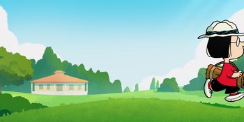 Movie still from “Snoopy Presents: One-of-a-Kind Marcie” (2023), directed by Raymond S. Persi – An illustration of a house in the middle of a green field; Extreme Wide shot, Low angle