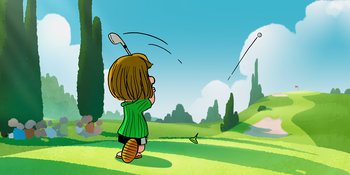 Movie still from “Snoopy Presents: One-of-a-Kind Marcie” (2023), directed by Raymond S. Persi – A cartoon of a girl swinging a golf club at a golf course; Extreme Wide shot, High angle