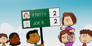 Movie still from “Snoopy Presents: One-of-a-Kind Marcie” (2023), directed by Raymond S. Persi – A group of people holding up a sign with the names of the two peanuts characters on it; Extreme Close Up shot, Overhead angle