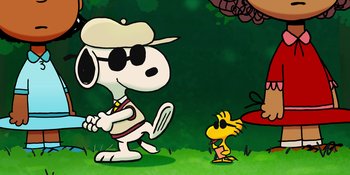 Movie still from “Snoopy Presents: One-of-a-Kind Marcie” (2023), directed by Raymond S. Persi – A dog and a bird are playing a game of tennis; Wide shot, Low angle