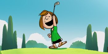 Movie still from “Snoopy Presents: One-of-a-Kind Marcie” (2023), directed by Raymond S. Persi – A cartoon of a woman swinging a golf club; Medium shot, Low angle