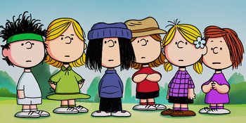 Movie still from “Snoopy Presents: One-of-a-Kind Marcie” (2023), directed by Raymond S. Persi – A group of girls standing next to each other; Medium shot, High angle
