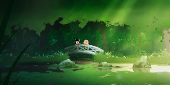 Movie still from “Snoopy Presents: One-of-a-Kind Marcie” (2023), directed by Raymond S. Persi – A couple of people sitting on top of a wooden bridge; Extreme Wide shot, High angle