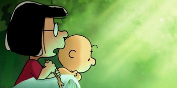 Movie still from “Snoopy Presents: One-of-a-Kind Marcie” (2023), directed by Raymond S. Persi – A man holding a baby in his arms; Extreme Close Up shot, High angle