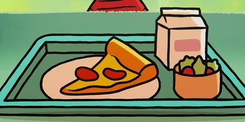 Movie still from “Snoopy Presents: One-of-a-Kind Marcie” (2023), directed by Raymond S. Persi – A slice of pepperoni pizza on a paper plate; Extreme Close Up shot, Overhead angle