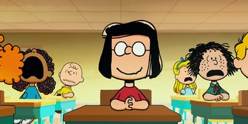 Movie still from “Snoopy Presents: One-of-a-Kind Marcie” (2023), directed by Raymond S. Persi – A drawing of a girl sitting at a table with a charlie brown and linus character; Medium shot, High angle