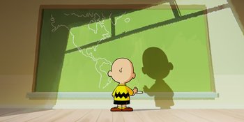Movie still from “Snoopy Presents: One-of-a-Kind Marcie” (2023), directed by Raymond S. Persi – A charlie brown cartoon character smoking a cigarette in front of a window; Extreme Wide shot, High angle