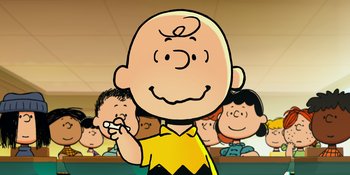 Movie still from “Snoopy Presents: One-of-a-Kind Marcie” (2023), directed by Raymond S. Persi – A charlie brown character is shown brushing his teeth; Close Up shot, Low angle