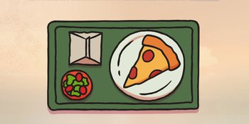 Movie still from “Snoopy Presents: One-of-a-Kind Marcie” (2023), directed by Raymond S. Persi – A plate with a slice of pizza on it next to a bowl of salad; Extreme Close Up shot, Overhead angle