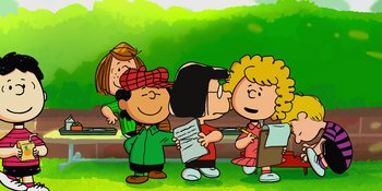 Movie still from “Snoopy Presents: One-of-a-Kind Marcie” (2023), directed by Raymond S. Persi – A group of people standing next to each other on a field; Extreme Wide shot, High angle