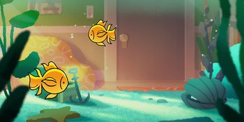 Movie still from “Snoopy Presents: One-of-a-Kind Marcie” (2023), directed by Raymond S. Persi – Two fish are swimming in the water; Extreme Wide shot, High angle