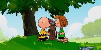 Movie still from “Snoopy Presents: One-of-a-Kind Marcie” (2023), directed by Raymond S. Persi – A charlie brown and a girl are playing golf; Extreme Wide shot, High angle