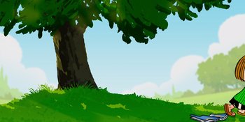 Movie still from “Snoopy Presents: One-of-a-Kind Marcie” (2023), directed by Raymond S. Persi – An illustration of a tree and a grassy field; Extreme Wide shot, Low angle