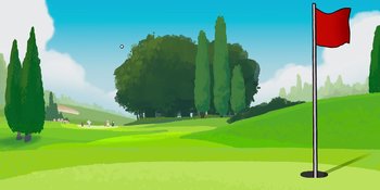 Movie still from “Snoopy Presents: One-of-a-Kind Marcie” (2023), directed by Raymond S. Persi – An illustration of a green field with trees in the background; Extreme Wide shot, Low angle