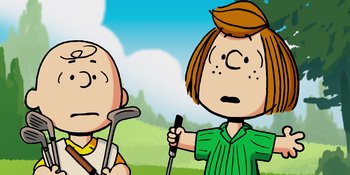 Movie still from “Snoopy Presents: One-of-a-Kind Marcie” (2023), directed by Raymond S. Persi – A couple of people that are playing golf together; Close Up shot, Low angle